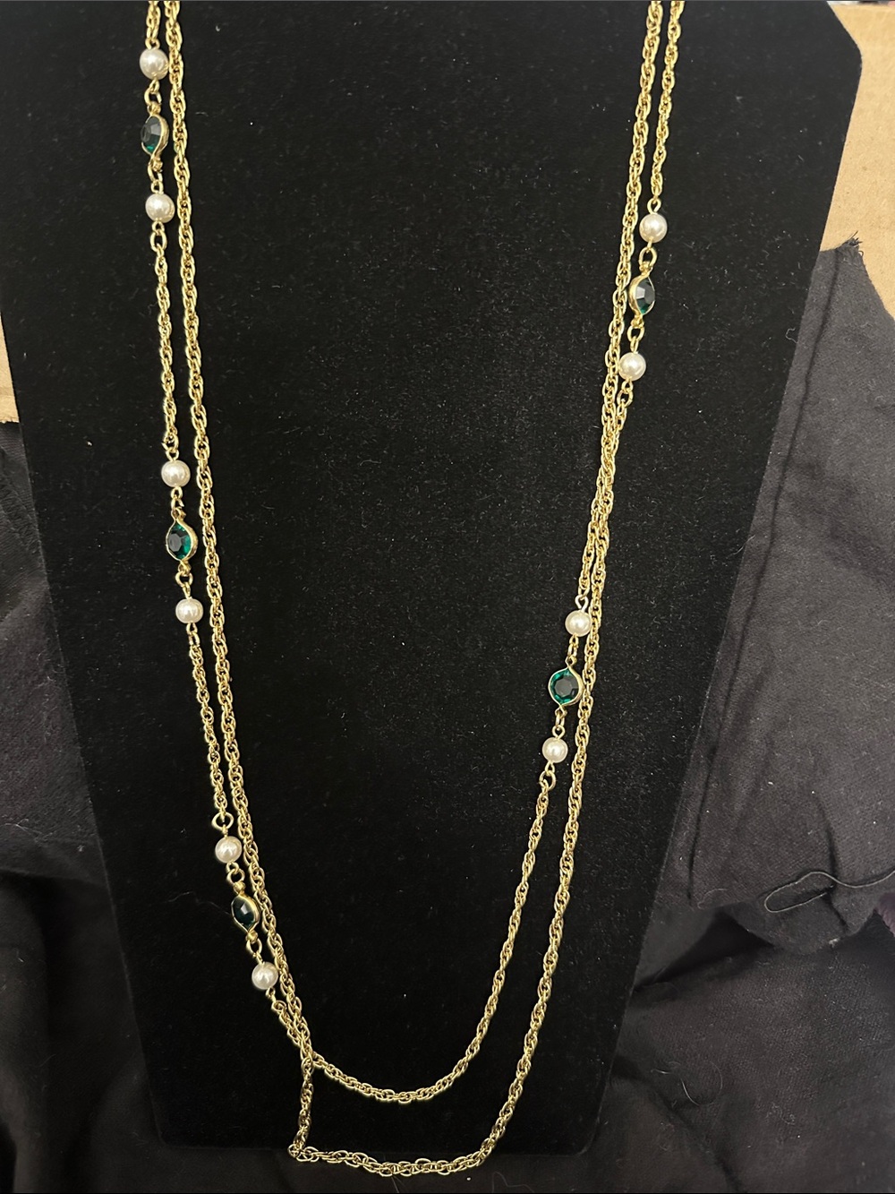 Gold Multi-Strand Necklace with Green Accents and Pearls